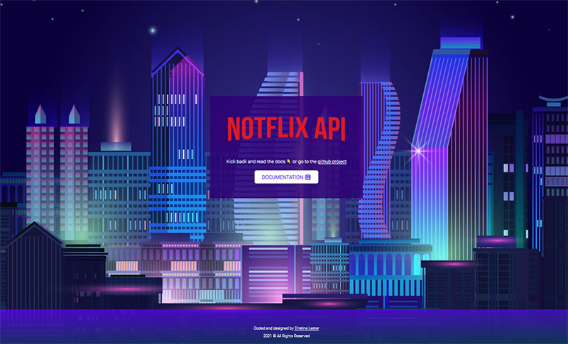 The homepage of the NotFlix API site